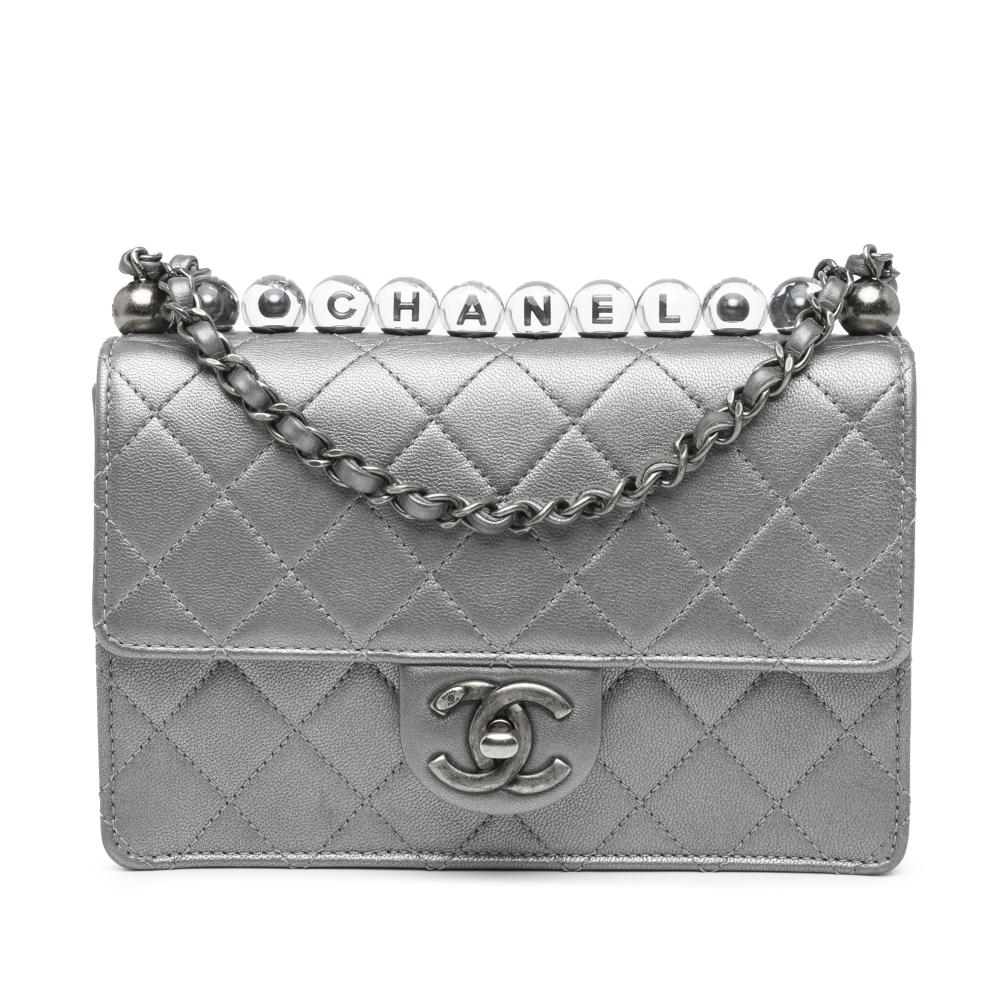 Chanel AB Chanel Silver Goatskin Leather Small Metallic Chic Pearls Flap Italy