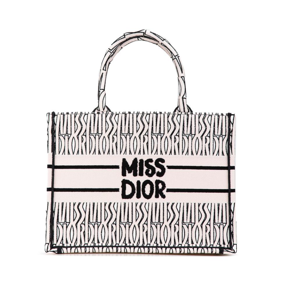 Christian Dior AB Dior White Canvas Fabric Medium Miss Dior Allover Embroidery Book Tote Italy