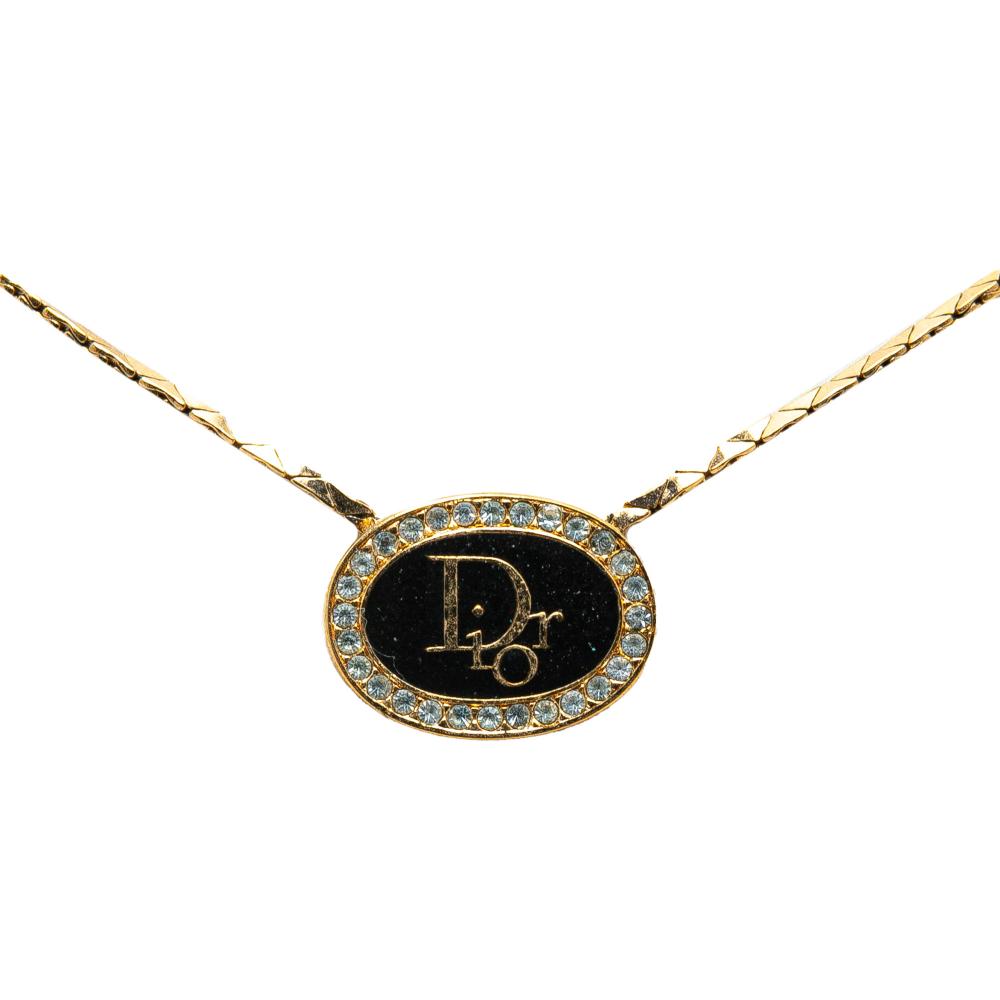 Christian Dior B Dior Gold Gold Plated Metal Logo Rhinestones Pendant Necklace Germany