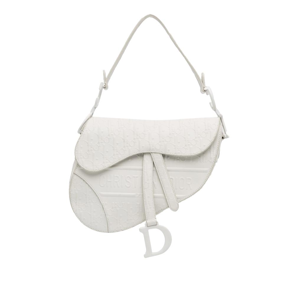 Christian Dior AB Dior White Pearl Calf Leather Embossed Oblique Saddle Bag Italy