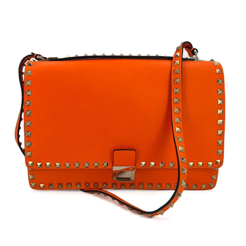 Valentino Rockstud Calfskin Leather 2-Ways Flap Shoulder Bag Neon Orange