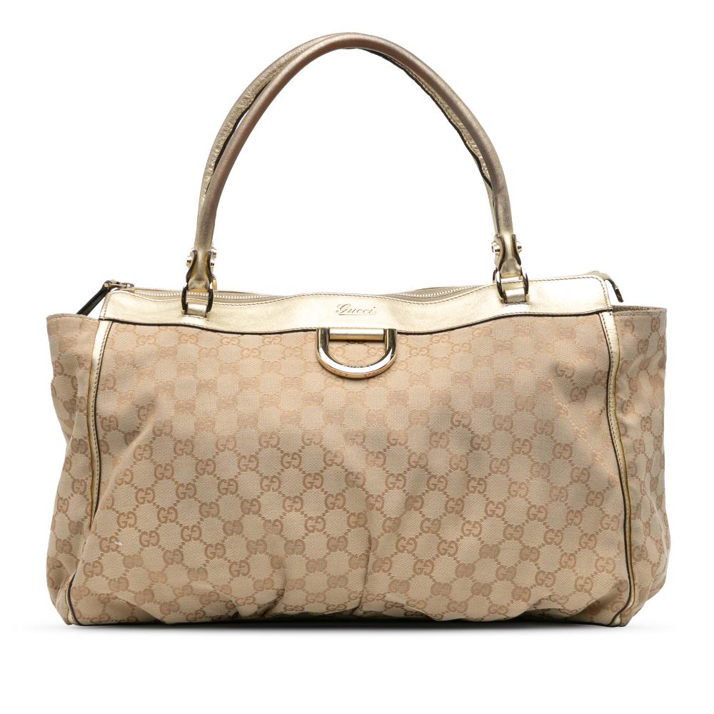 Gucci B Gucci Brown Beige with Gold Canvas Fabric GG Abbey D Ring Tote Bag Italy