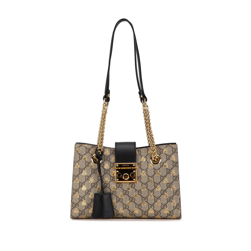 Gucci B Gucci Brown Beige with Black Coated Canvas Fabric Small GG Supreme Bee Padlock Tote Italy