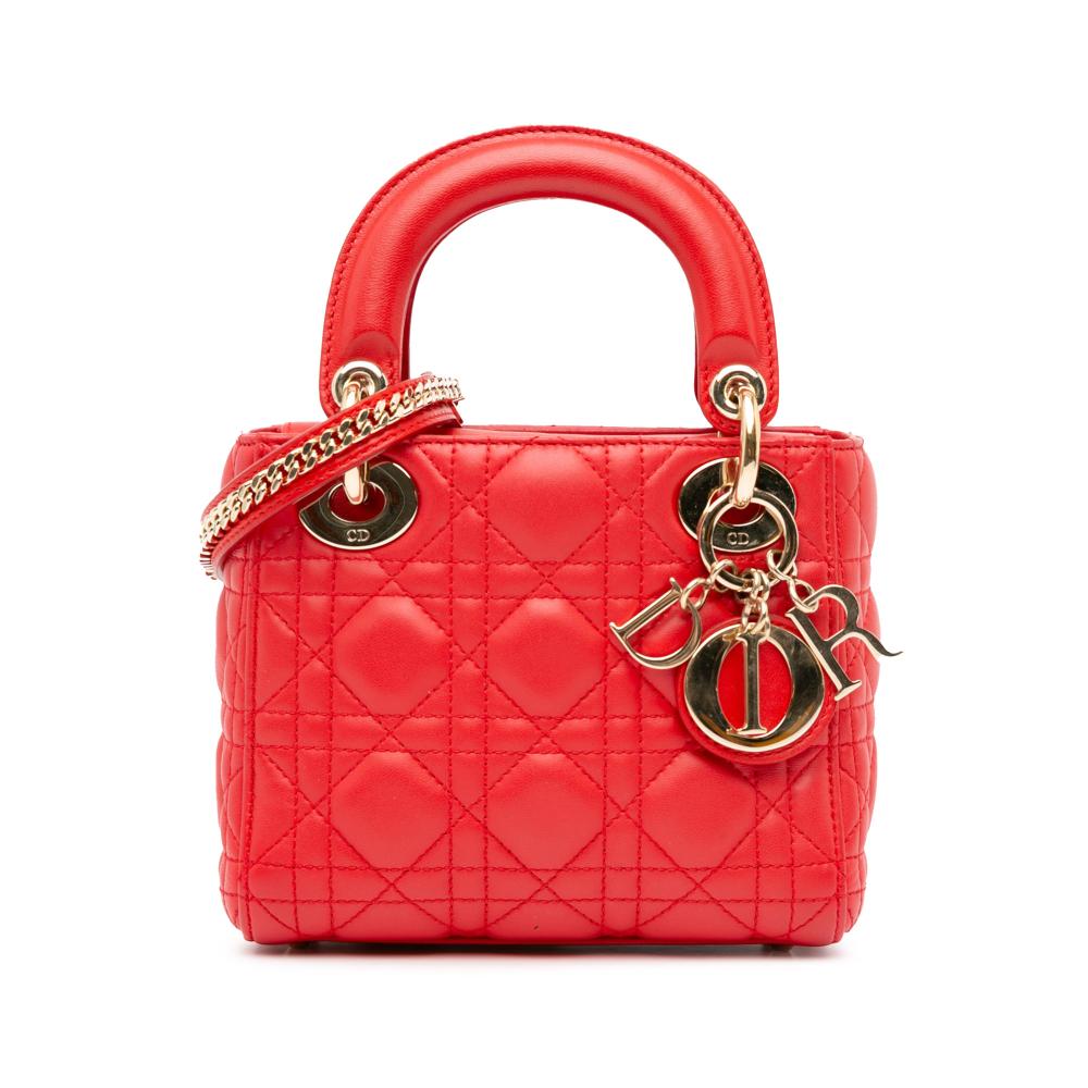 Christian Dior AB Dior Red Lambskin Leather Leather Mini Lambskin Cannage Lady Dior Italy