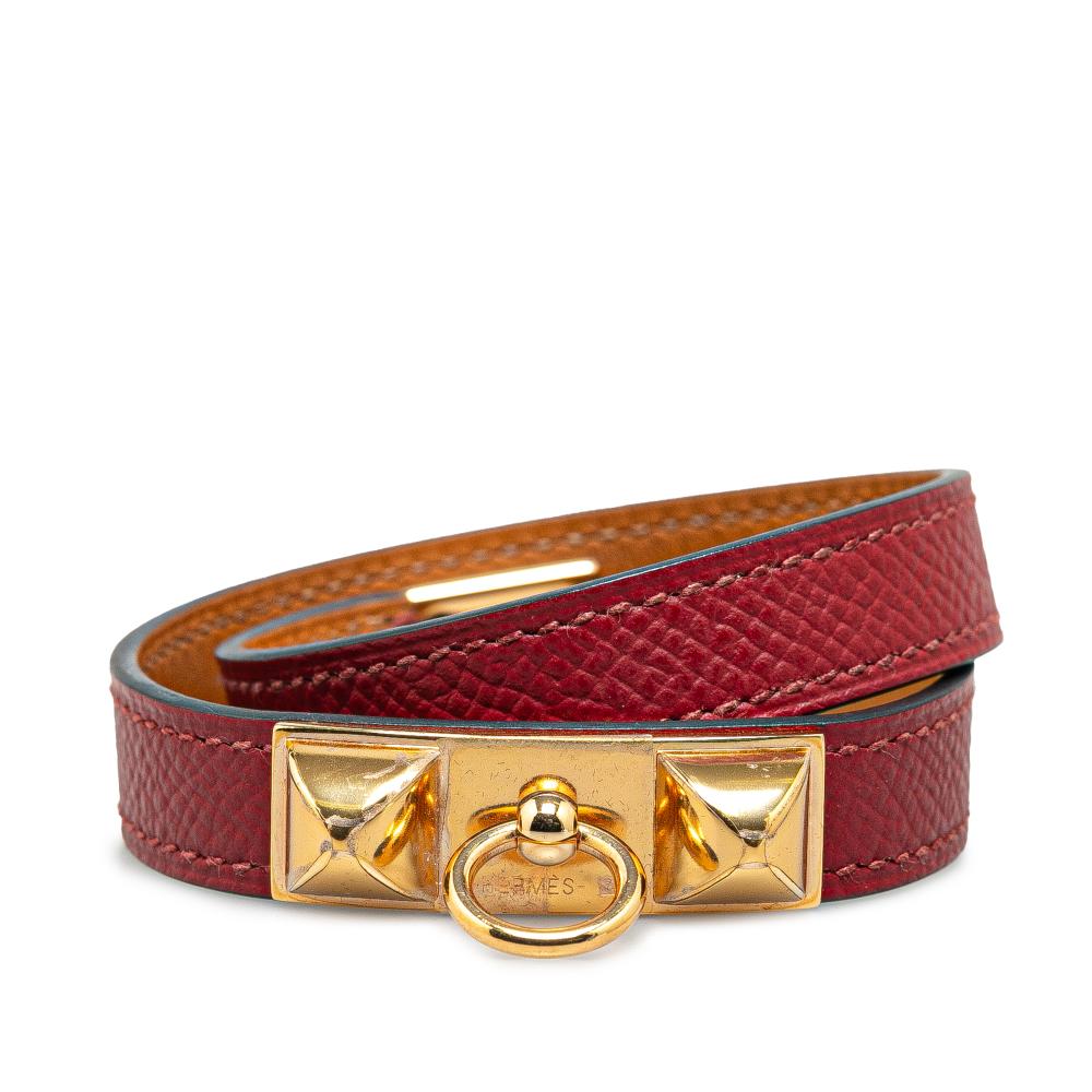 Hermès B Hermès Red Bordeaux with Gold Calf Leather Epsom Rivale Double Tour Bracelet France