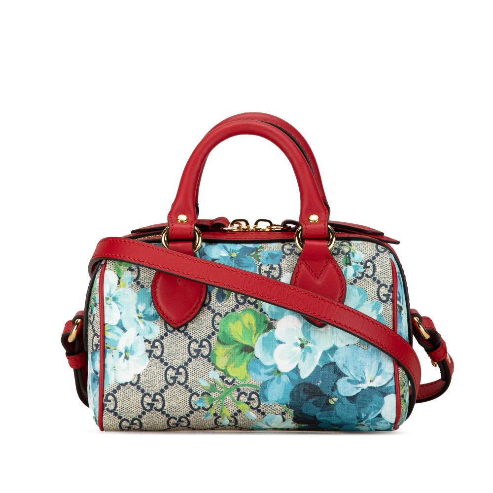 Gucci AB Gucci Brown Beige with Red Coated Canvas Fabric Mini GG Supreme Blooms Boston Italy