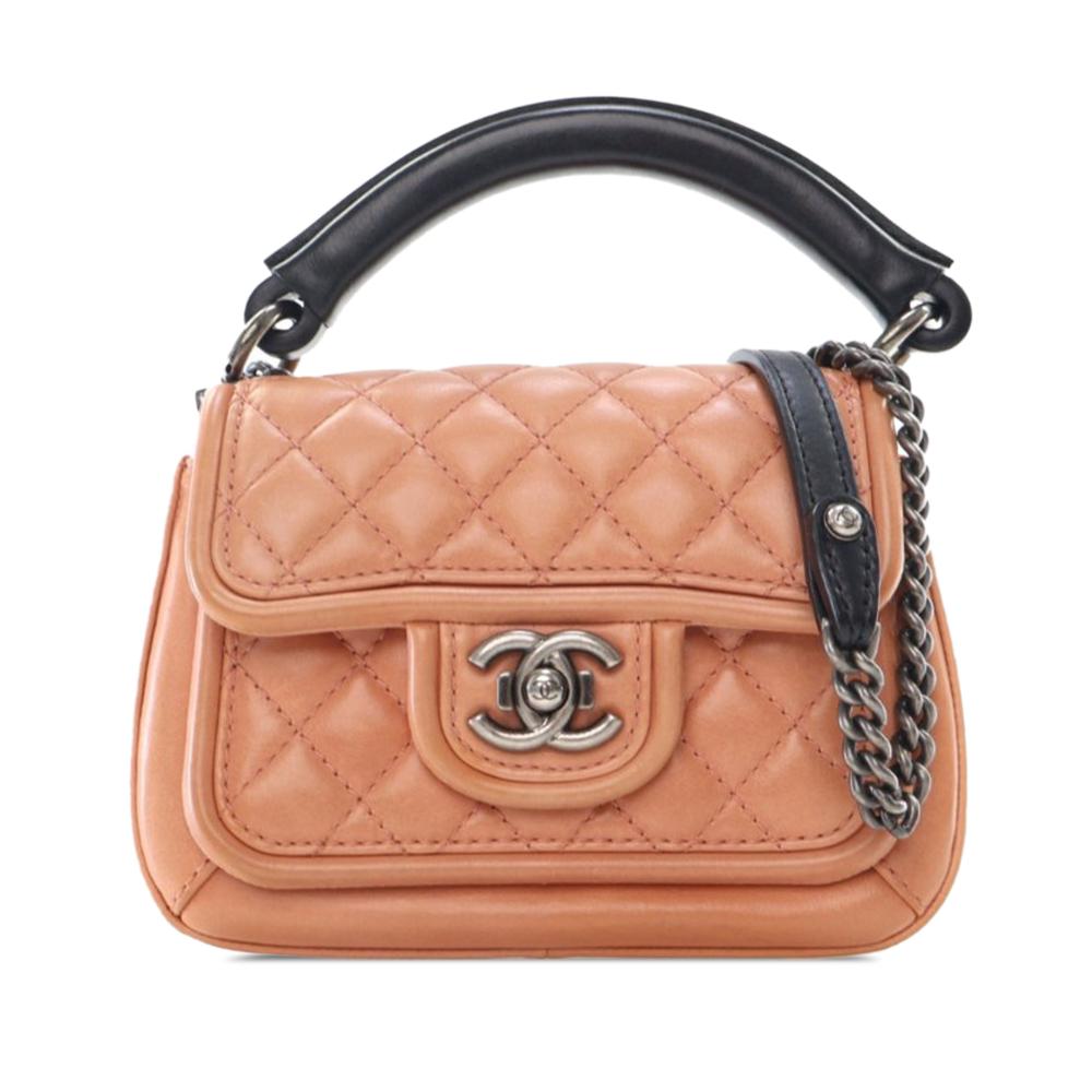 Chanel B Chanel Brown Light Brown with Black Calf Leather Small Quilted skin Prestige Flap France