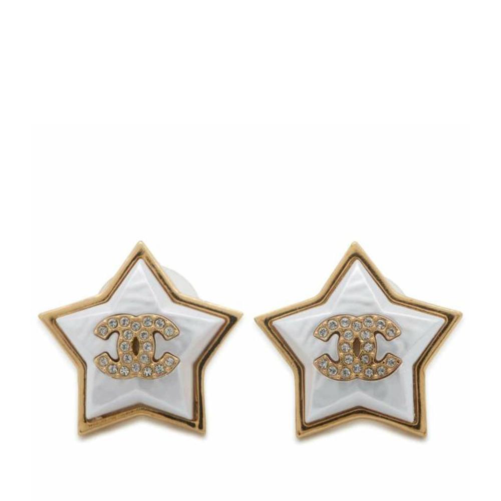 Chanel AB Chanel Gold Gold Plated Metal and Resin CC Rhinestones Star Push Back Earrings Italy