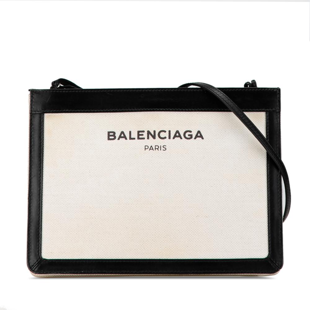 Balenciaga B Balenciaga Brown Beige Canvas Fabric Navy Pochette Crossbody Italy