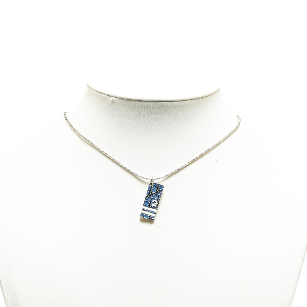 Christian Dior B Dior Silver with Blue Silver Metal Plated Oblique Trotter Pendant Necklace Italy