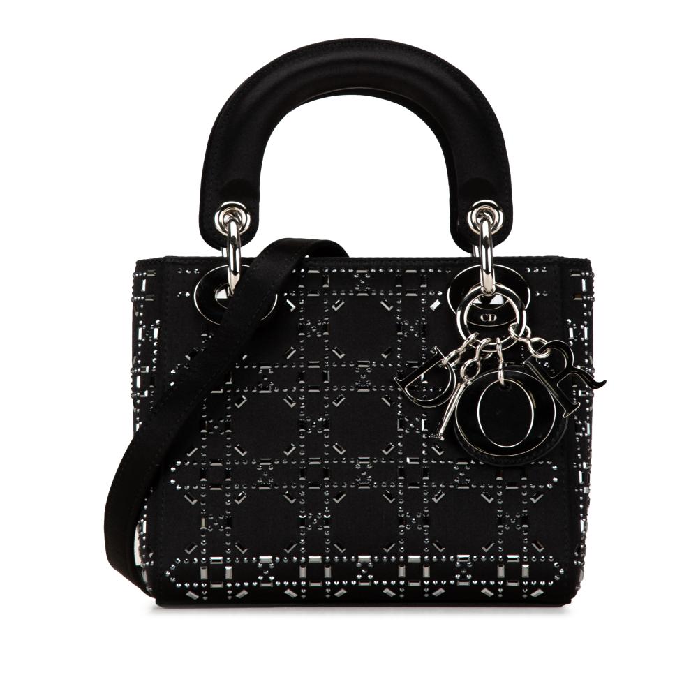 Christian Dior B Dior Black Satin Fabric Mini Cannage Strass Crystal Embellished Lady Dior Italy