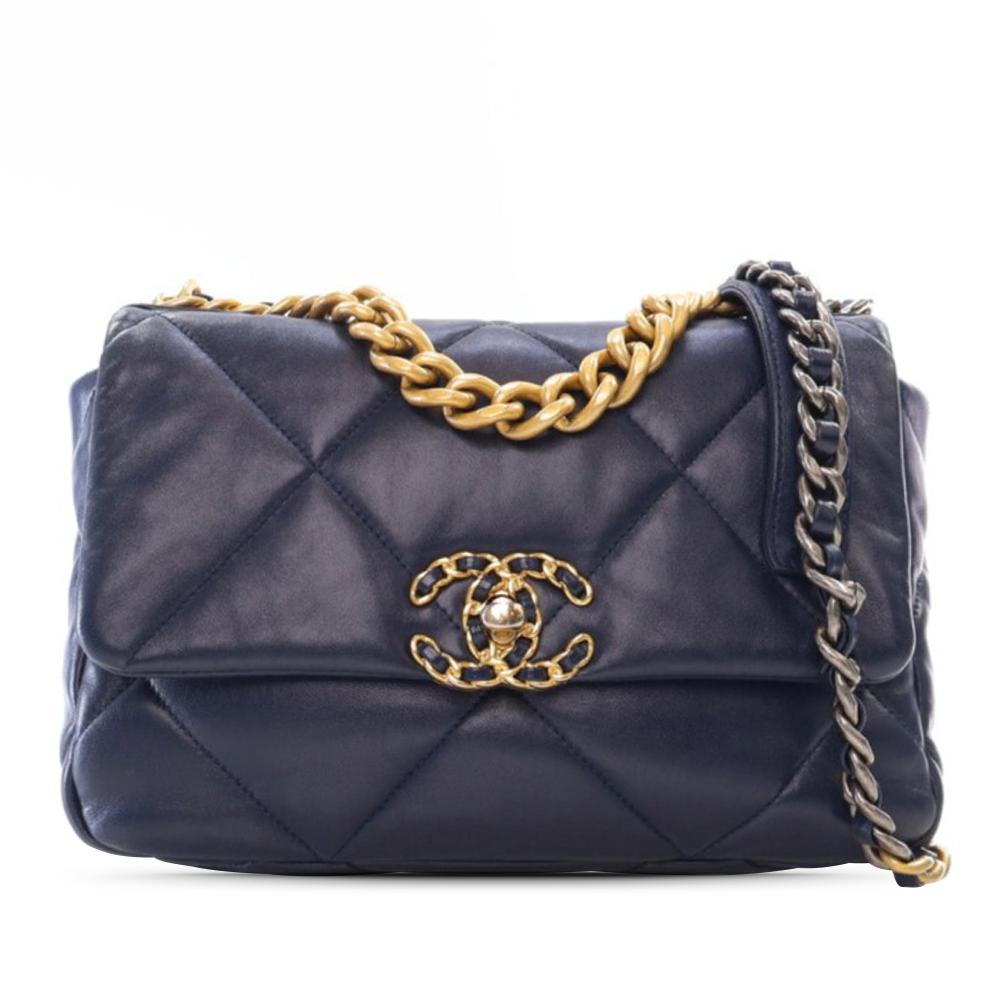 Chanel AB Chanel Blue Navy Lambskin Leather Leather Medium Lambskin 19 Flap Italy