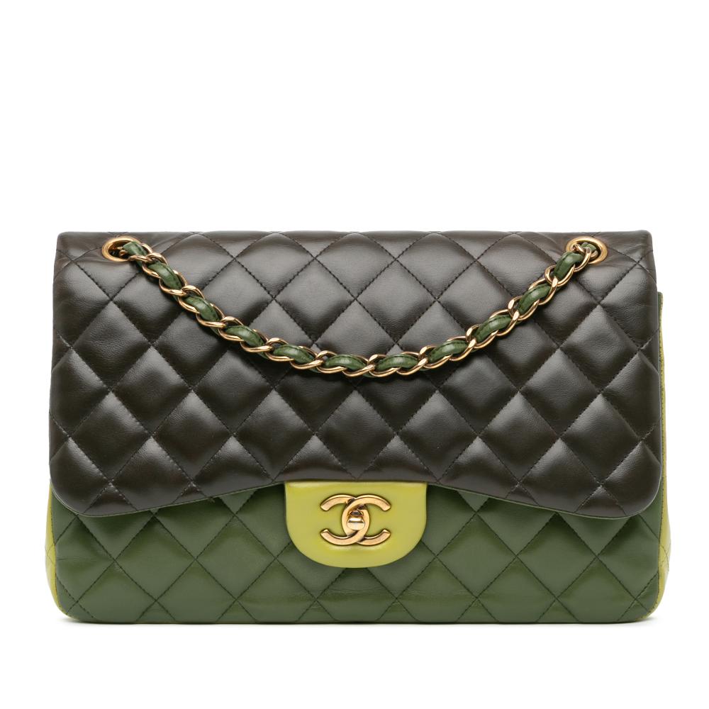 Chanel Green Dark Green Lambskin Leather Leather Jumbo Classic Tricolor Lambskin Double Flap France