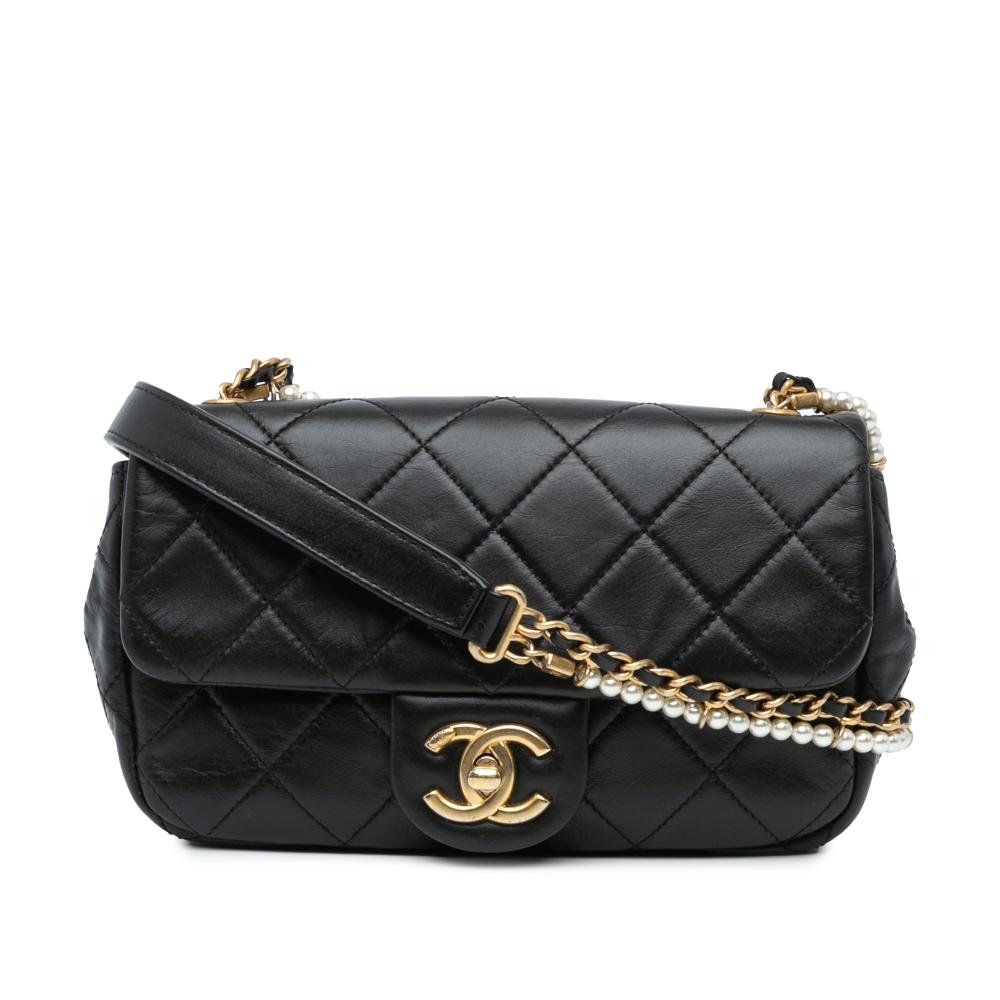 Chanel B Chanel Black Calf Leather Mini Quilted skin Crystal Pearls Chain Flap Italy