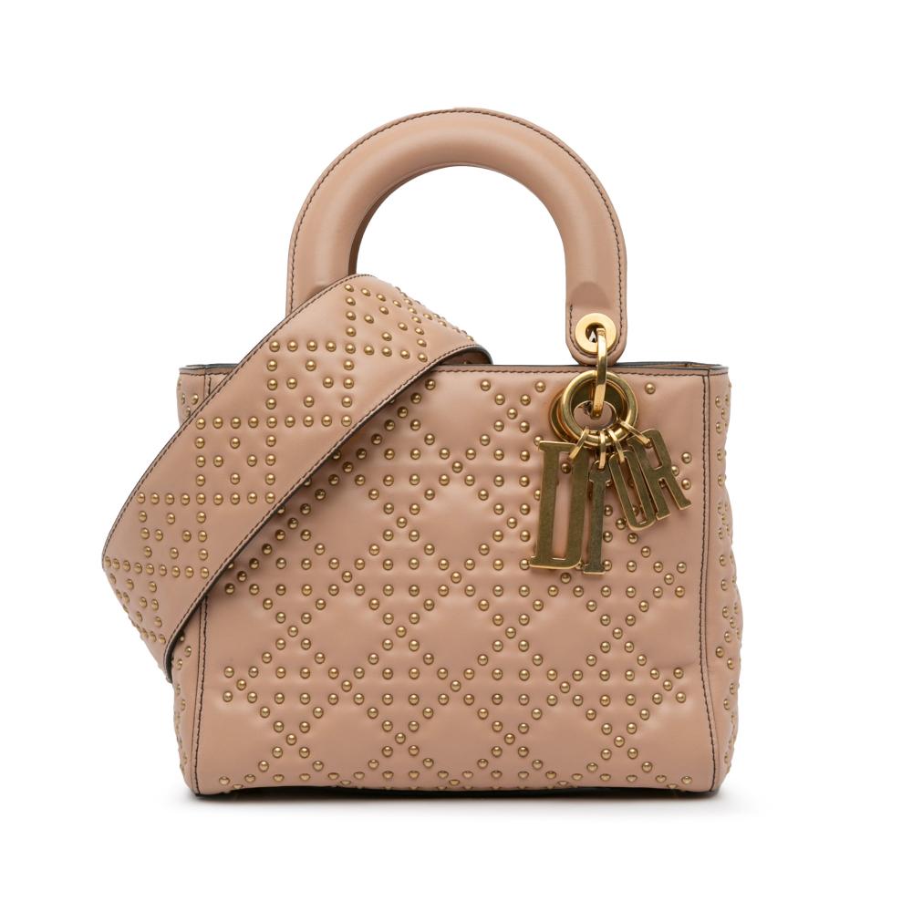 Christian Dior AB Dior Brown Nude Lambskin Leather Leather Small Lambskin Cannage Studded Supple Lady Dior Italy