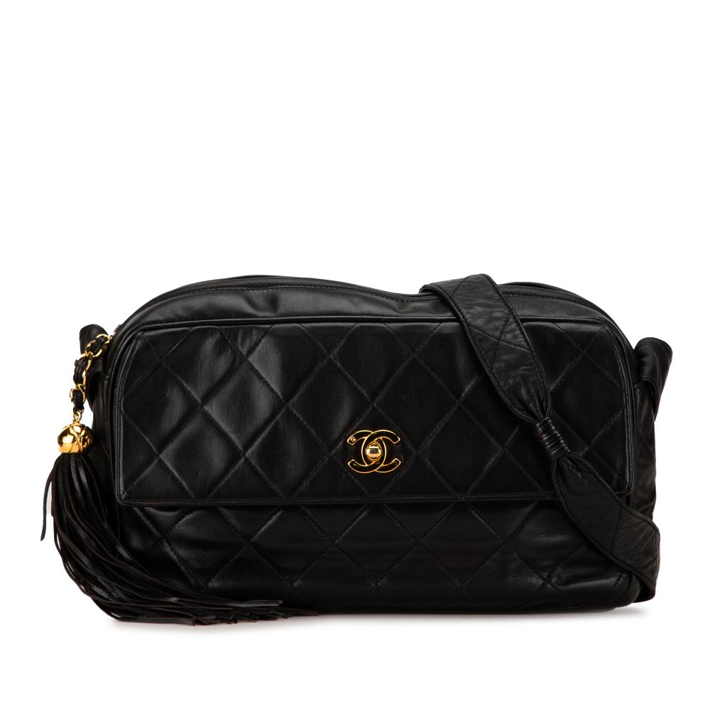 Chanel B Chanel Black Lambskin Leather Leather CC Quilted Lambskin Tassel Crossbody Italy