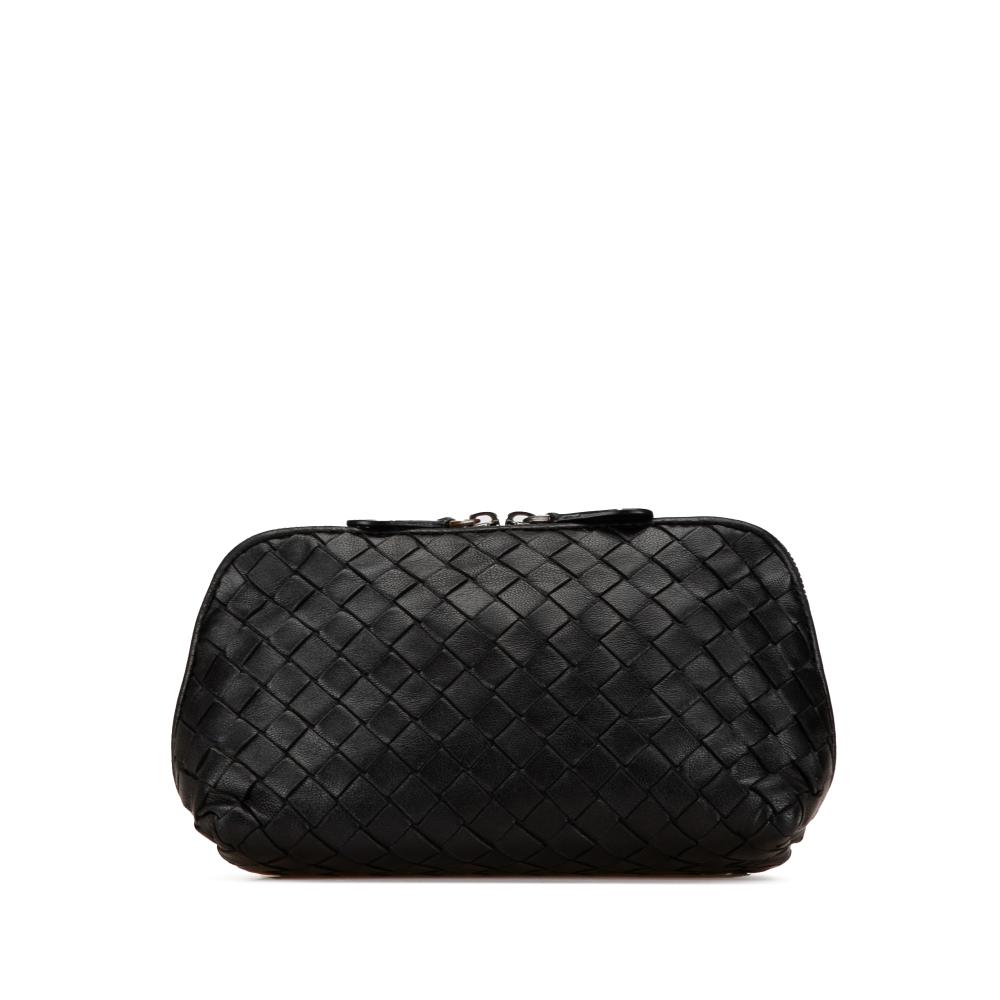 Bottega Veneta B Bottega Veneta Black Calf Leather Intrecciato Cosmetic Pouch Italy