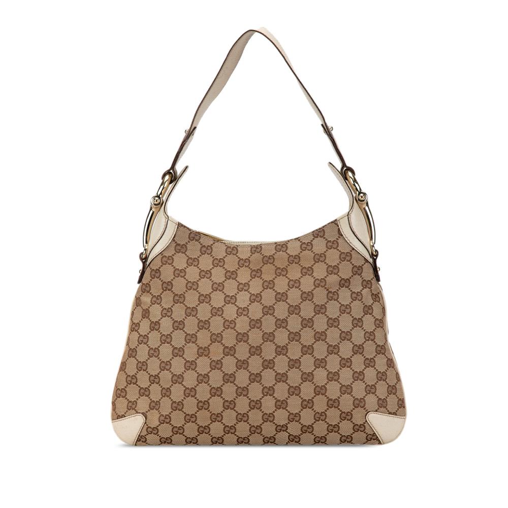 Gucci B Gucci Brown Beige Canvas Fabric GG Horsebit Creole Hobo Bag Italy