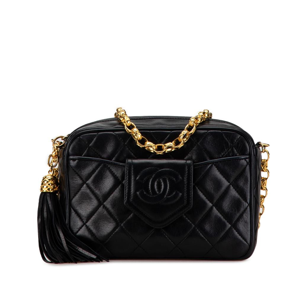 Chanel B Chanel Black Calf Leather CC Quilted Lambskin Tassel Camera Bag Italy