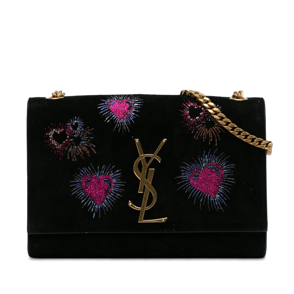 Saint Laurent AB Saint Laurent Black with Pink Suede Leather Small Monogram Kate Heart Firework Crossbody Italy