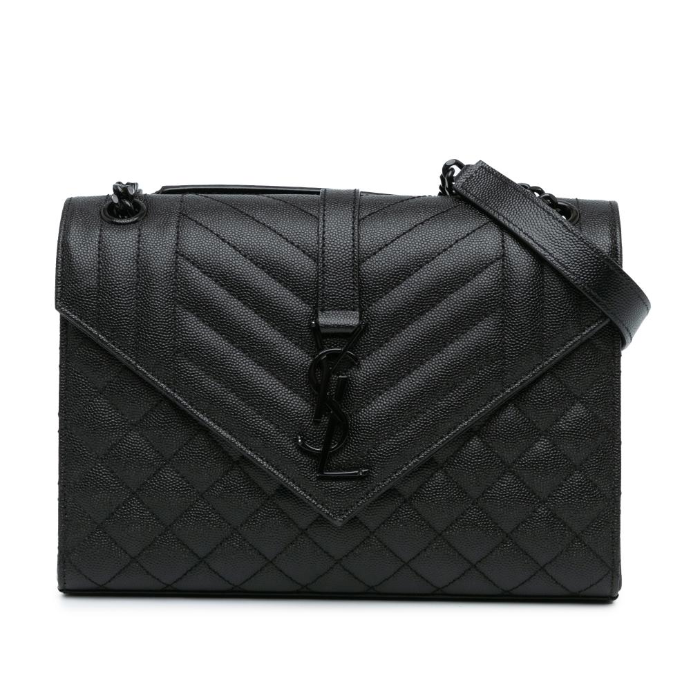 Saint Laurent AB Saint Laurent Black Calf Leather Medium Grain De Poudre Triquilt Monogram Envelope Bag Italy