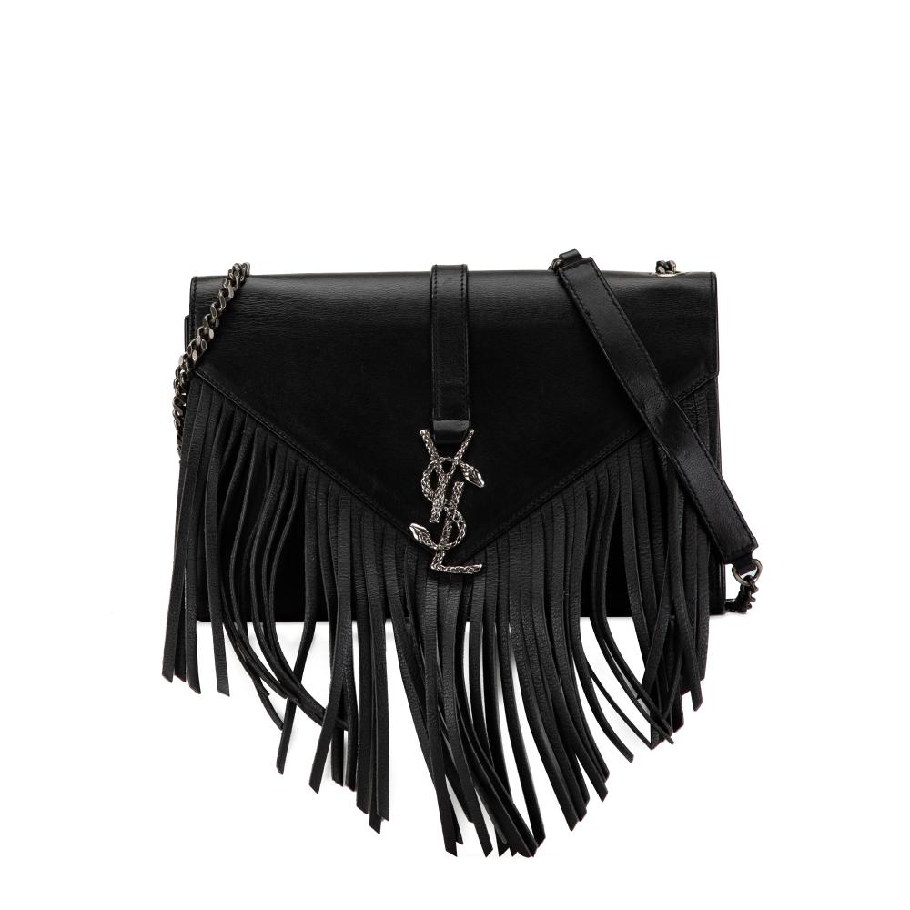 Saint Laurent B Saint Laurent Black Calf Leather Medium Snake Monogram Fringe Envelope Chain Bag Italy