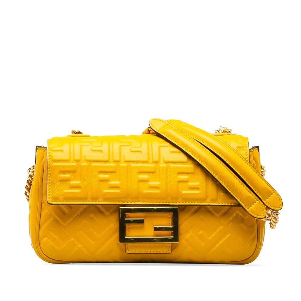 Fendi B Fendi Yellow Mustard Calf Leather Zucca Embossed Chain Midi Baguette Italy