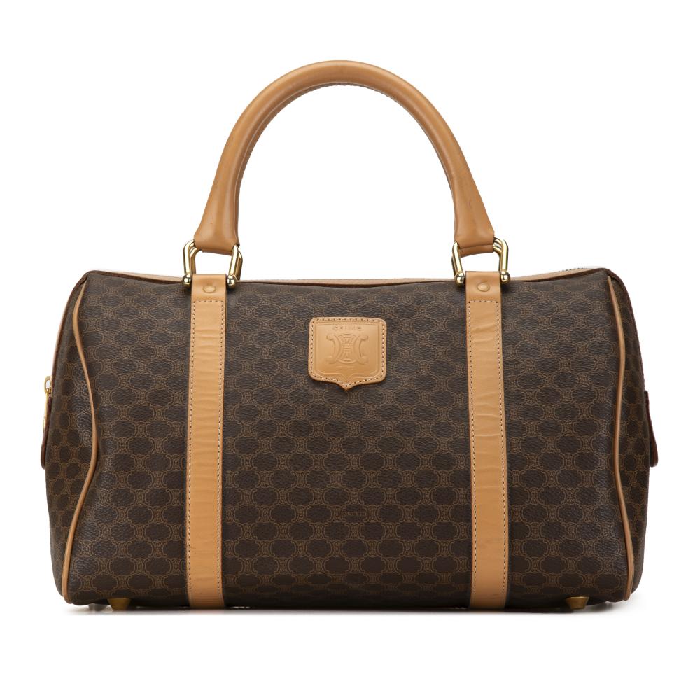 Celine B Celine Brown Coated Canvas Fabric Macadam Boston Bag Italy