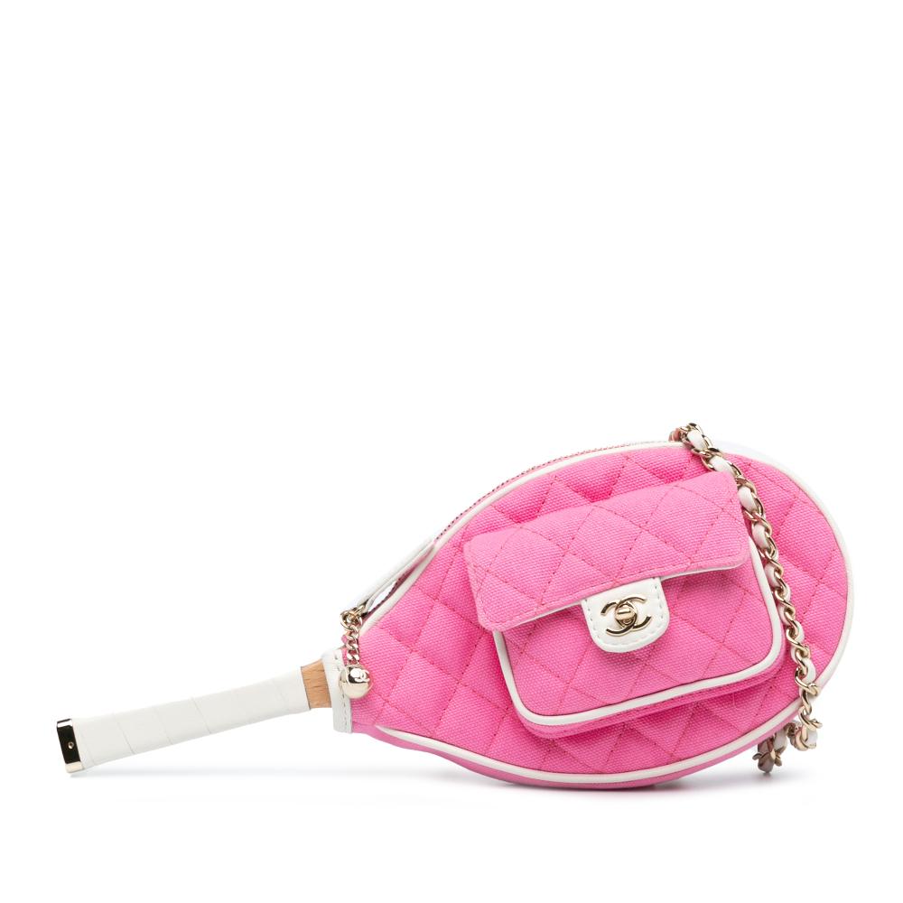 Chanel AB Chanel Pink with White Canvas Fabric Tennis Racket Mirror and Crossbody Set France