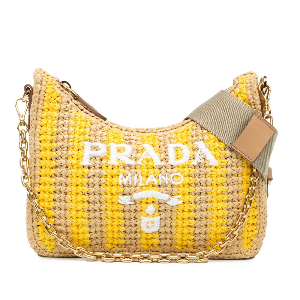 Prada AB Prada Brown Beige Raffia Natural Material Effect Crochet Striped Re-Edition 2005 Satchel Italy