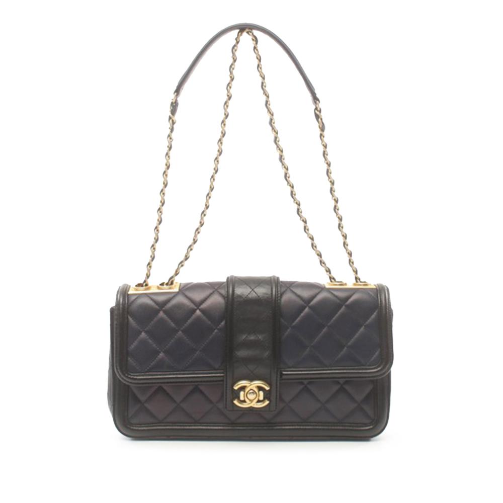 Chanel B Chanel Blue Navy with Black Lambskin Leather Leather Large Quilted Lambskin Elegant CC Flap France