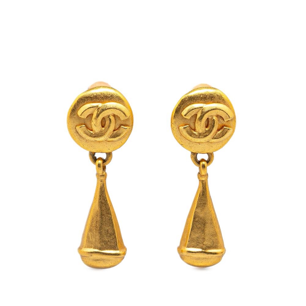 Chanel B Chanel Gold Gold Plated Metal CC Teardrop Clip On Earrings France