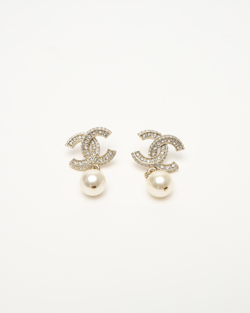 Chanel Coco Mark Rhinestone Drop Pearl Earrings