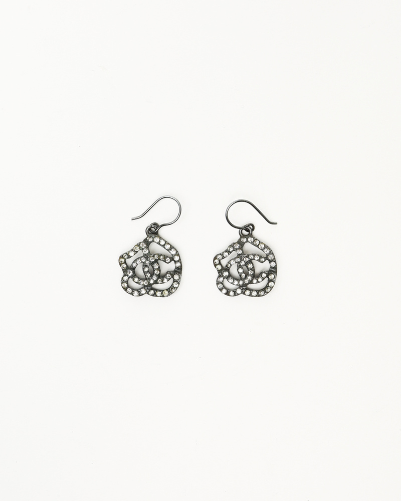 Chanel Coco Mark Camellia Rhinestone Hook Earrings