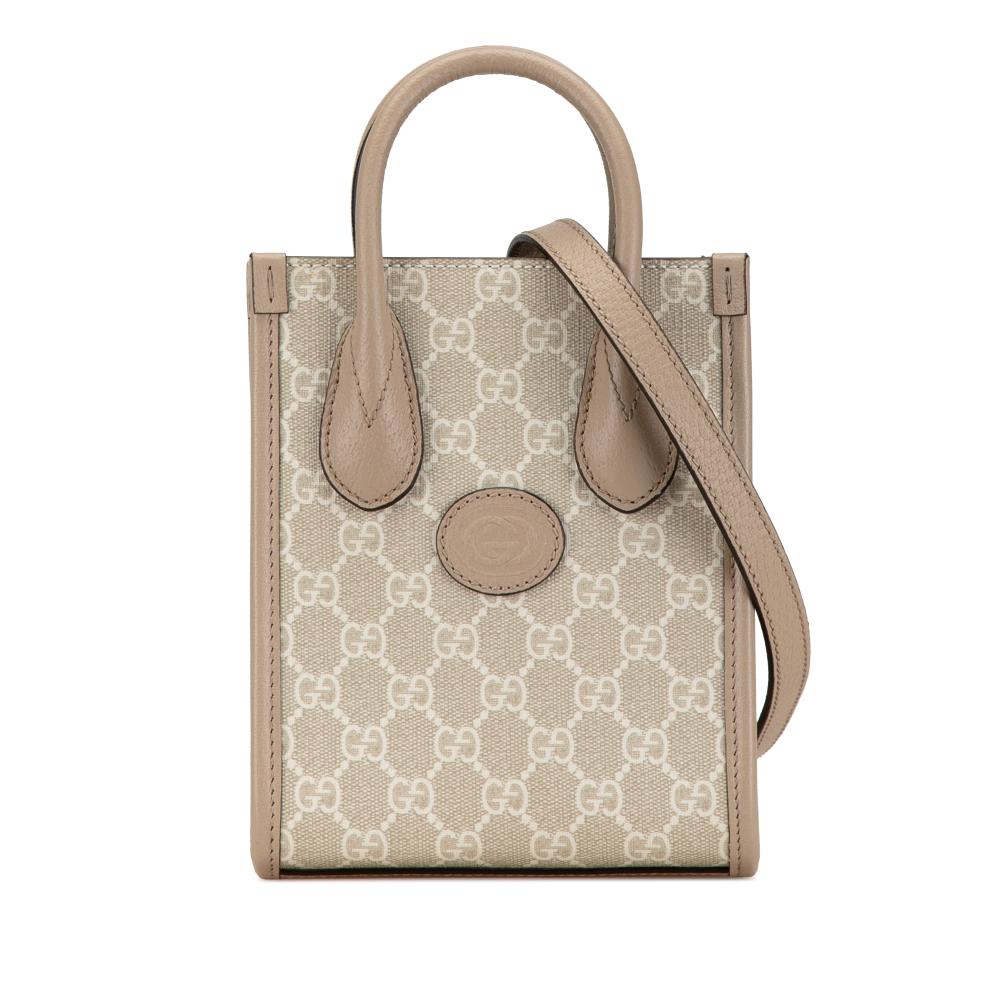 Gucci AB Gucci Brown Beige Coated Canvas Fabric Mini GG Supreme Interlocking G Satchel Italy