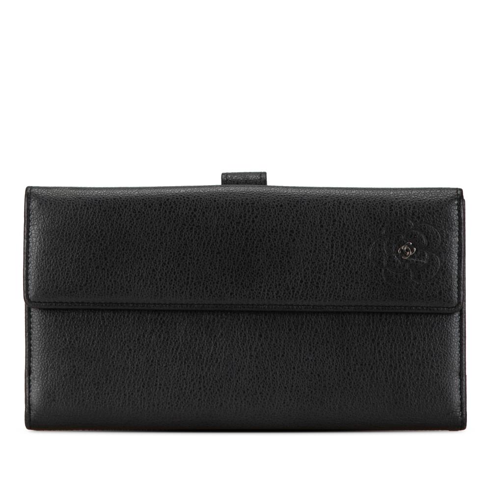 Chanel B Chanel Black Calf Leather skin Camellia Long Wallet Italy