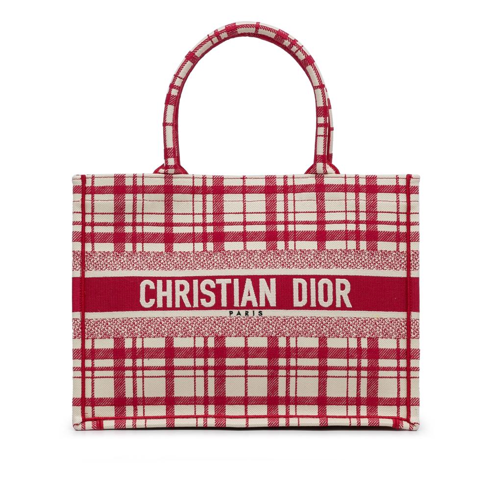 Christian Dior A Dior Red Canvas Fabric Medium Check'n'Dior Book Tote Italy