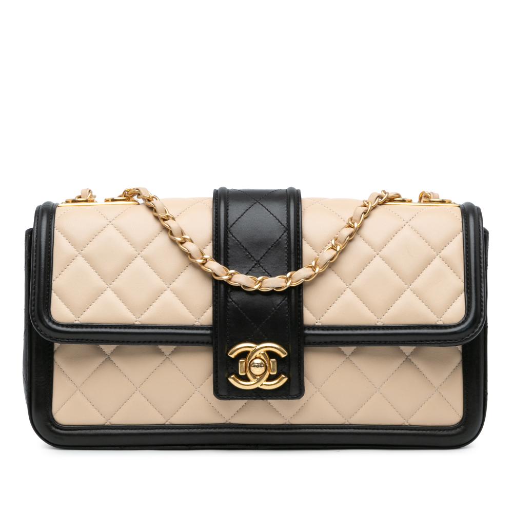 Chanel AB Chanel Brown Beige Lambskin Leather Leather Large Quilted Lambskin Elegant CC Flap France