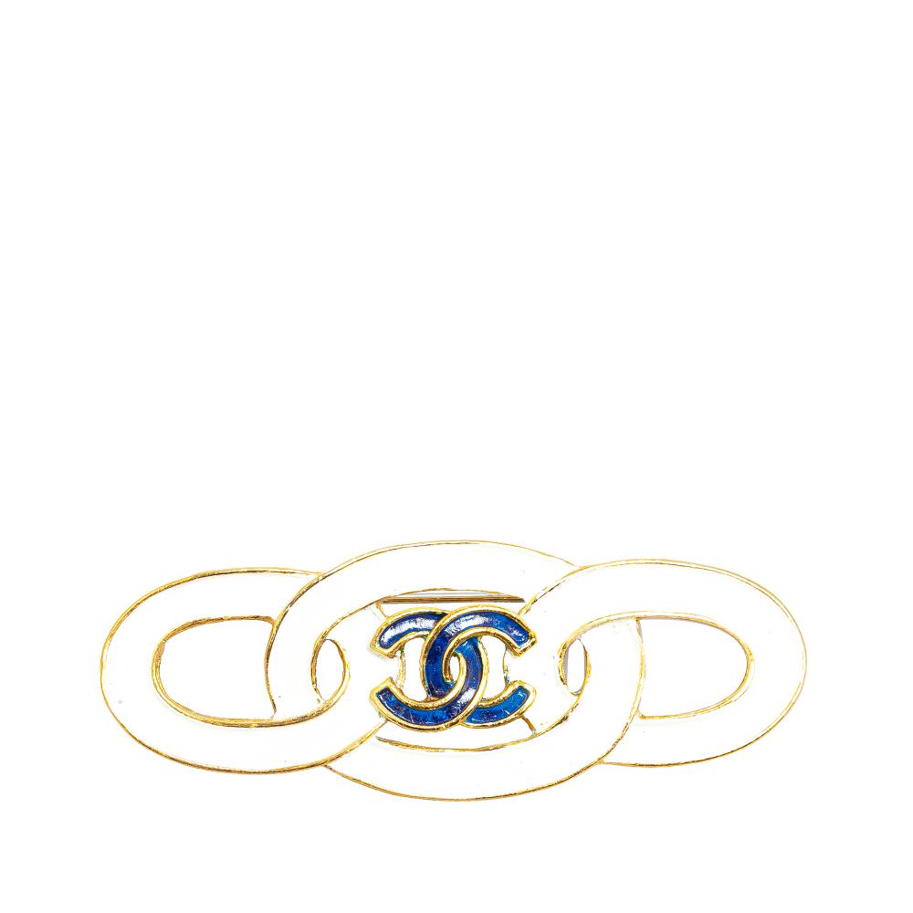 Chanel AB Chanel White Gold Plated Metal Enamel CC Brooch France