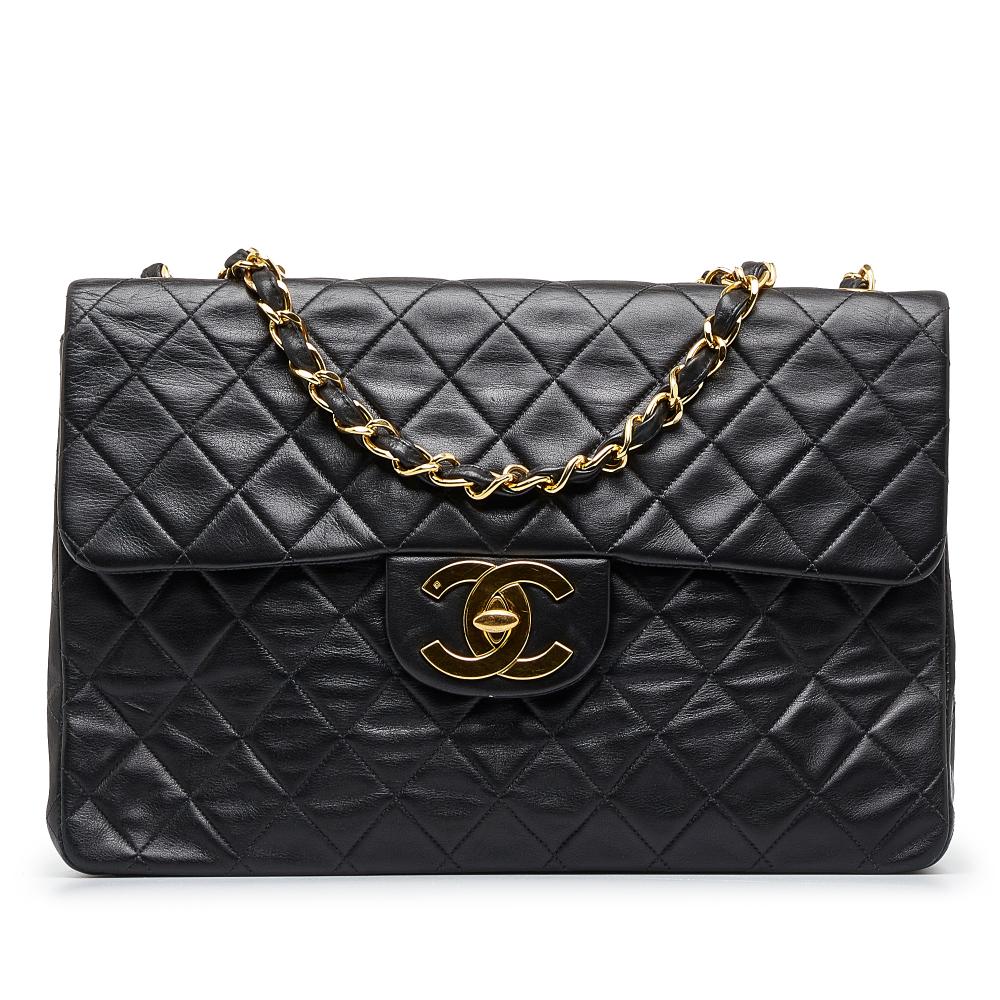 Chanel B Chanel Black Lambskin Leather Leather Maxi XL Classic Lambskin Single Flap France