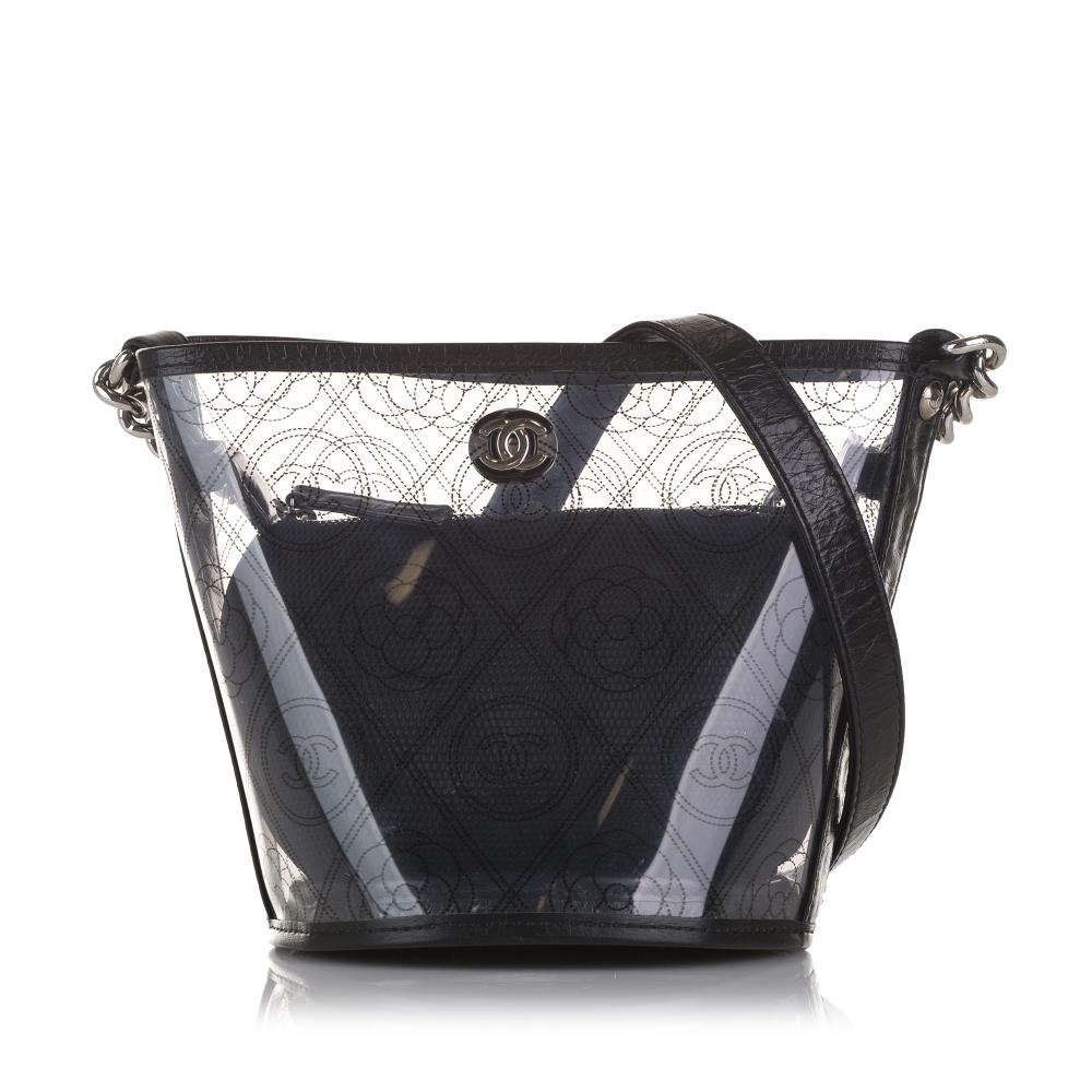 Chanel AB Chanel Black PVC Plastic Crumpled Calfskin Camellia Bucket France