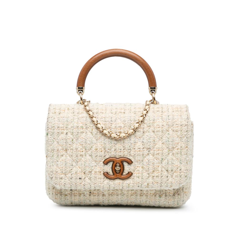 Chanel AB Chanel White Ivory with Brown Tweed Fabric Knock on Wood Satchel France