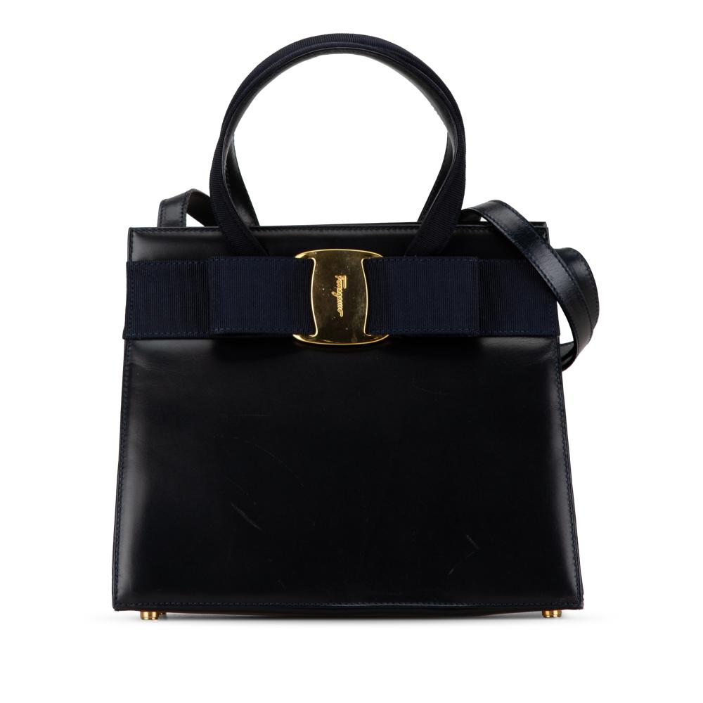 Salvatore Ferragamo B Ferragamo Blue Navy Calf Leather Vara Bow Satchel Italy