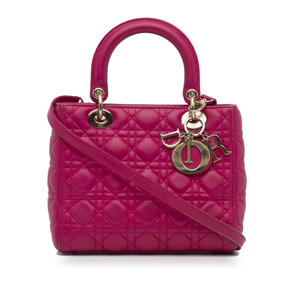 Christian Dior B Dior Pink Dark Pink Lambskin Leather Leather Medium Lambskin Cannage Lady Dior Italy