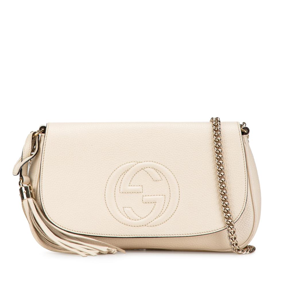 Gucci B Gucci White Ivory Calf Leather Medium Soho Chain Flap Crossbody Italy