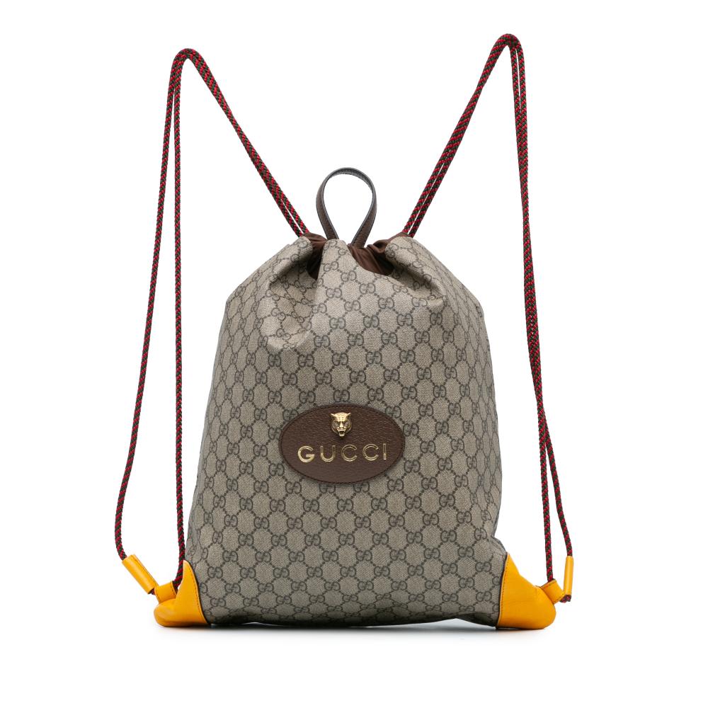 Gucci B Gucci Brown Beige Coated Canvas Fabric GG Supreme Animalier Backpack Italy