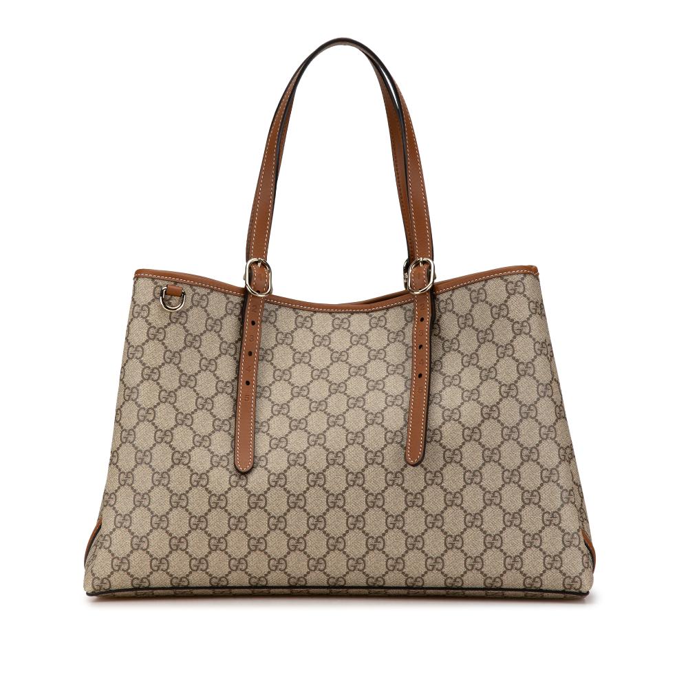 Gucci AB Gucci Brown Beige Coated Canvas Fabric Medium GG Supreme Emblem Tote Italy