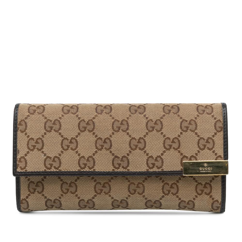 Gucci B Gucci Brown Beige Canvas Fabric GG Long Wallet Italy