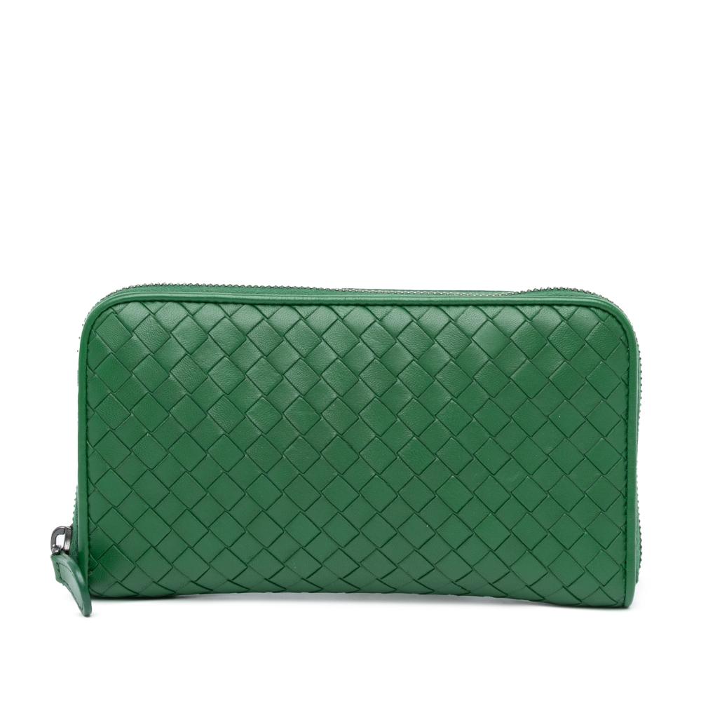 Bottega Veneta AB Bottega Veneta Green Calf Leather Intrecciato Zip Around Long Wallet Italy