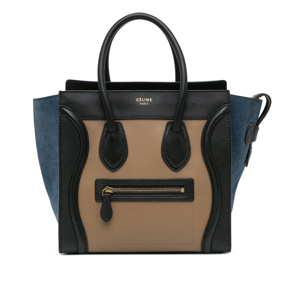 Celine B Celine Brown Beige with Black Calf Leather Micro Tricolor Luggage Tote Italy